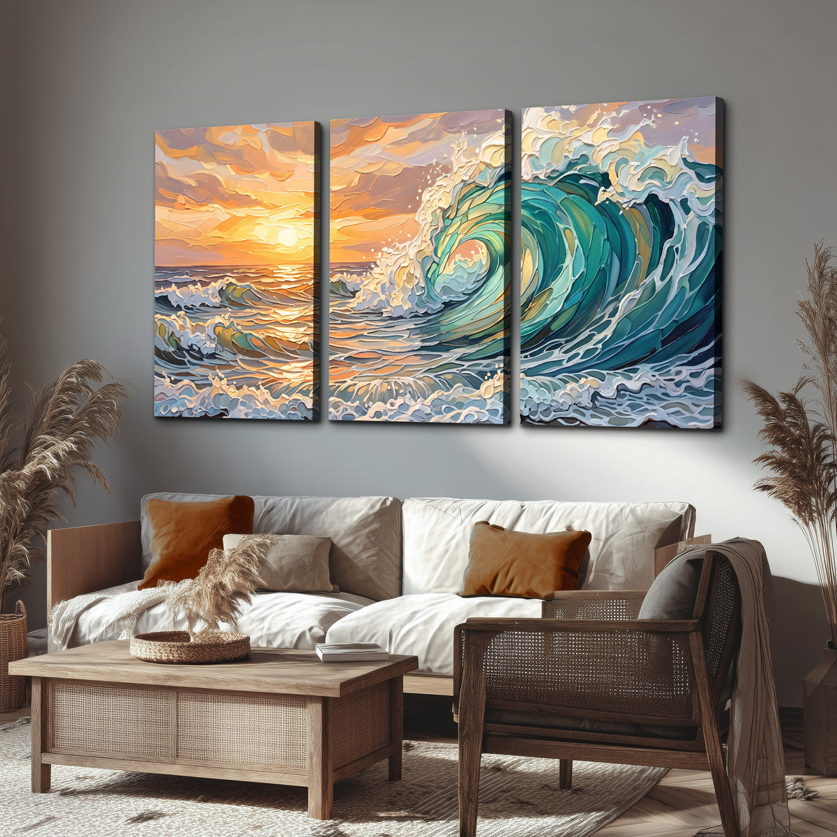 A curling turquoise ocean wave beneath a warm orange sunset 3 piece canvas wall art displayed in a rustic living room