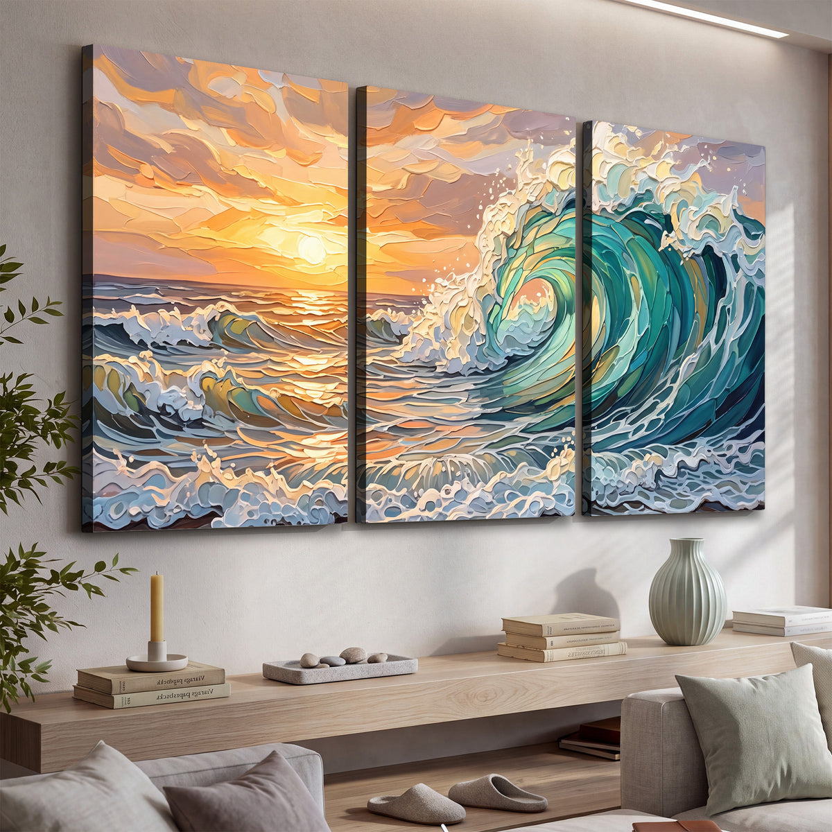 A curling turquoise ocean wave beneath a warm orange sunset 3 piece canvas wall art displayed in a console