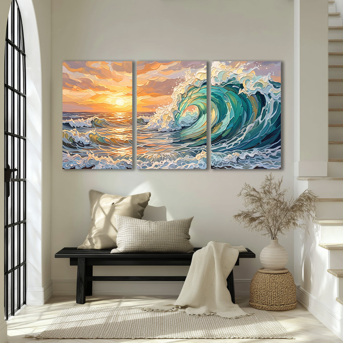 A curling turquoise ocean wave beneath a warm orange sunset 3 piece canvas wall art displayed in a entryway