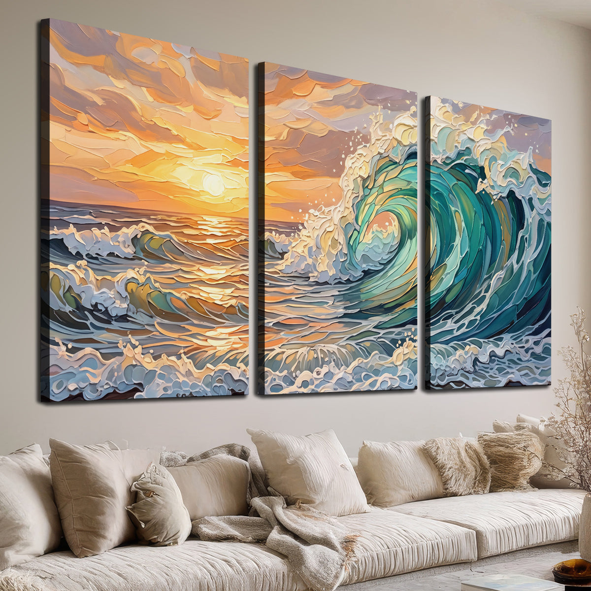A curling turquoise ocean wave beneath a warm orange sunset 3 piece canvas wall art room and product view