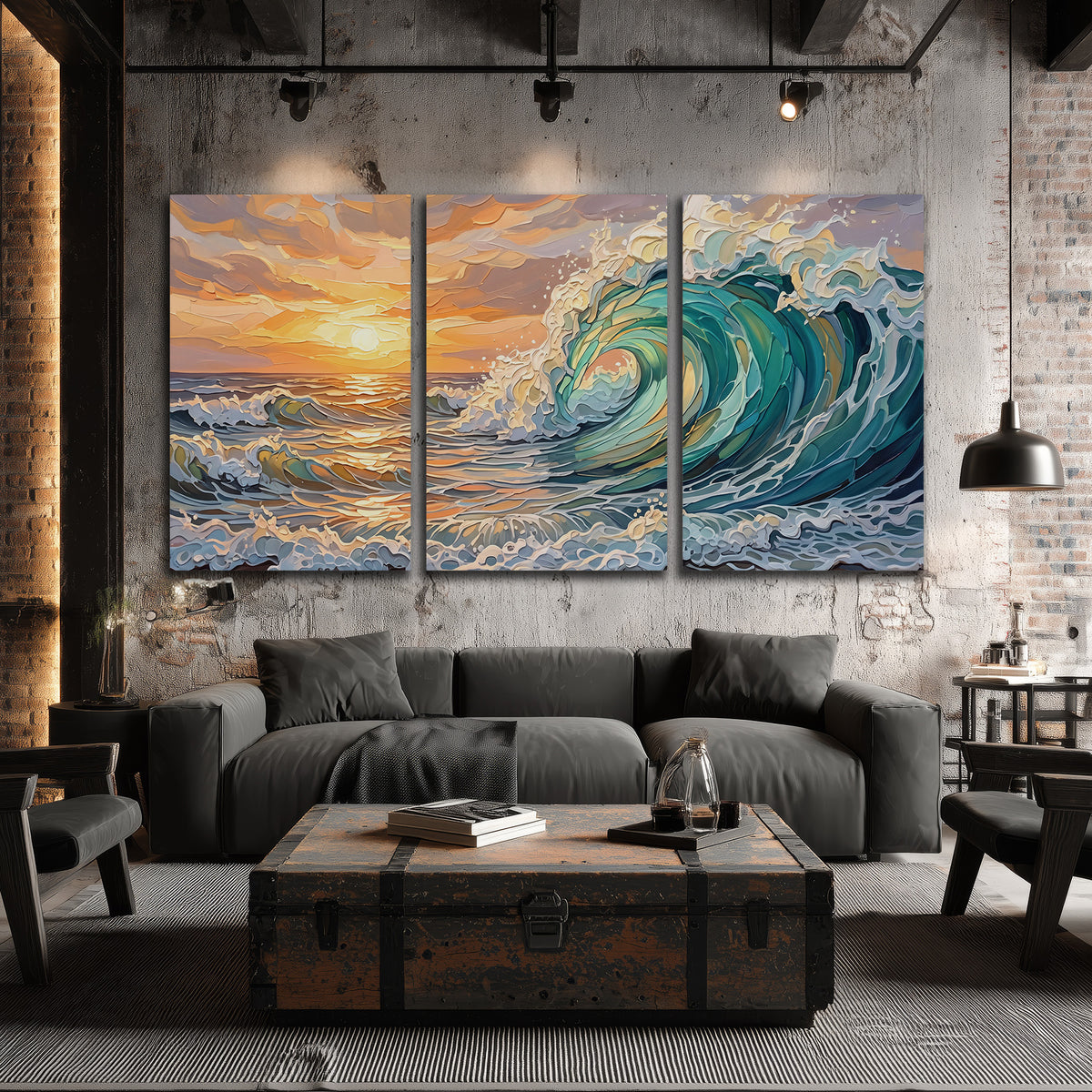 A curling turquoise ocean wave beneath a warm orange sunset 3 piece canvas wall art displayed in a industrial room