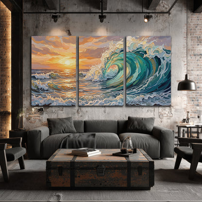 A curling turquoise ocean wave beneath a warm orange sunset 3 piece canvas wall art displayed in a industrial room