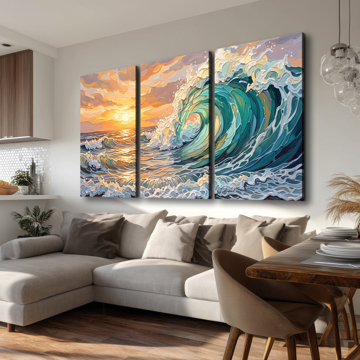 A curling turquoise ocean wave beneath a warm orange sunset 3 piece canvas wall art room and product view