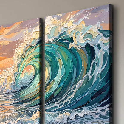 A curling turquoise ocean wave beneath a warm orange sunset 3 piece canvas wall art room and product view