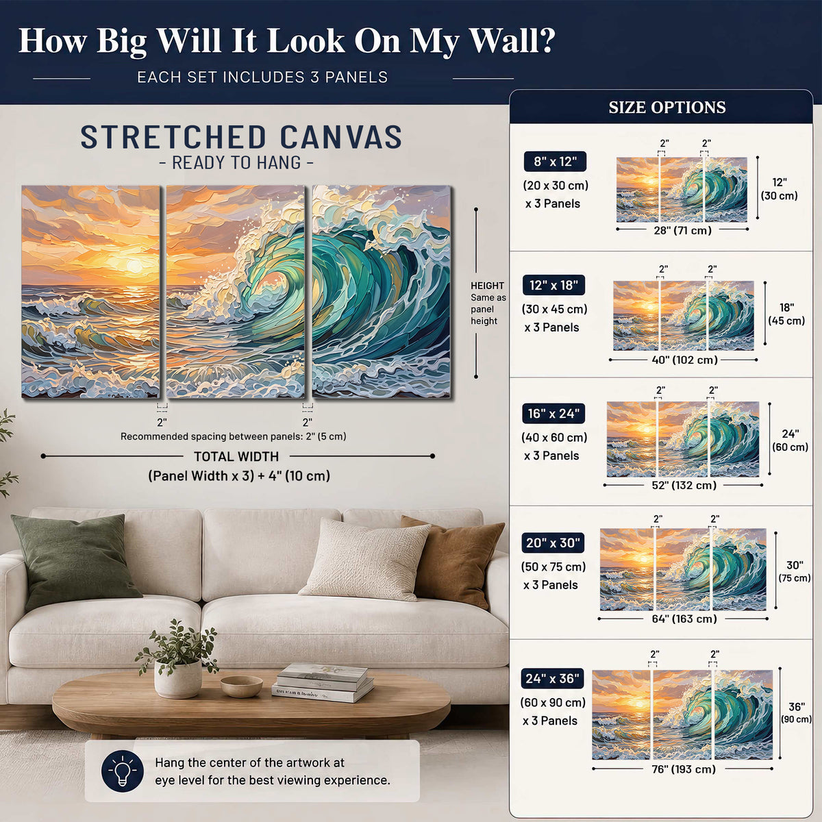 A curling turquoise ocean wave beneath a warm orange sunset 3 piece canvas wall art size guide above a sofa; room view is illustrative