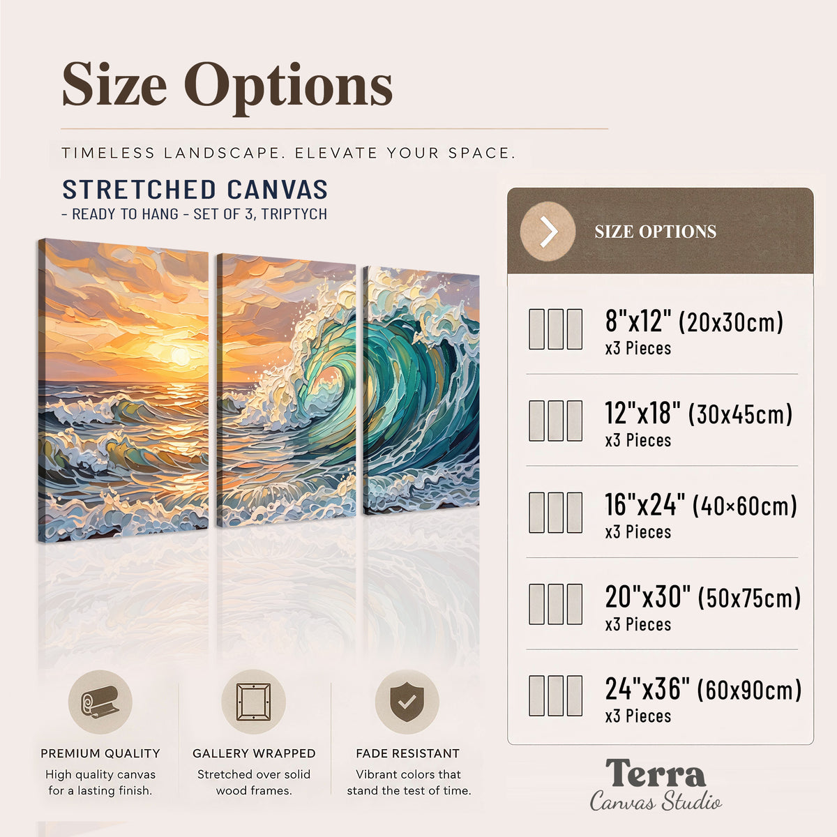 A curling turquoise ocean wave beneath a warm orange sunset 3 piece canvas wall art available dimensions; triptych dimensions are per panel