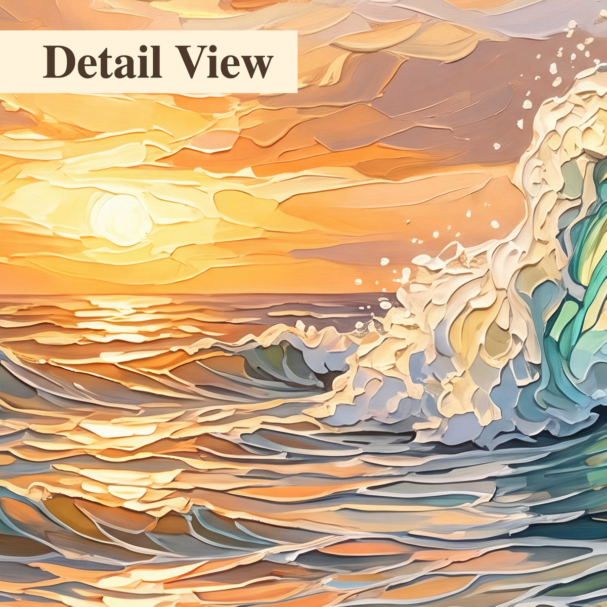 A curling turquoise ocean wave beneath a warm orange sunset 3 piece canvas wall art artwork detail close up