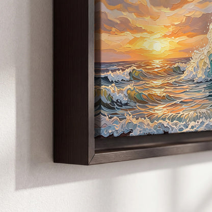 A curling turquoise ocean wave beneath a warm orange sunset 3 piece framed canvas wall art material and edge close up
