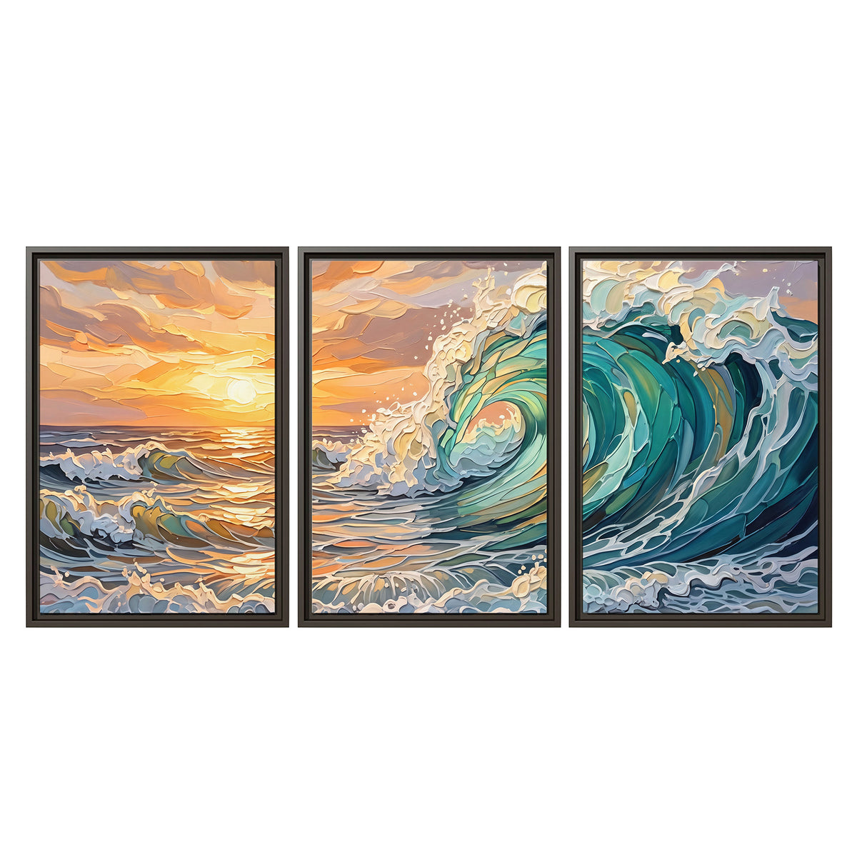 A curling turquoise ocean wave beneath a warm orange sunset 3 piece framed canvas wall art viewed straight on