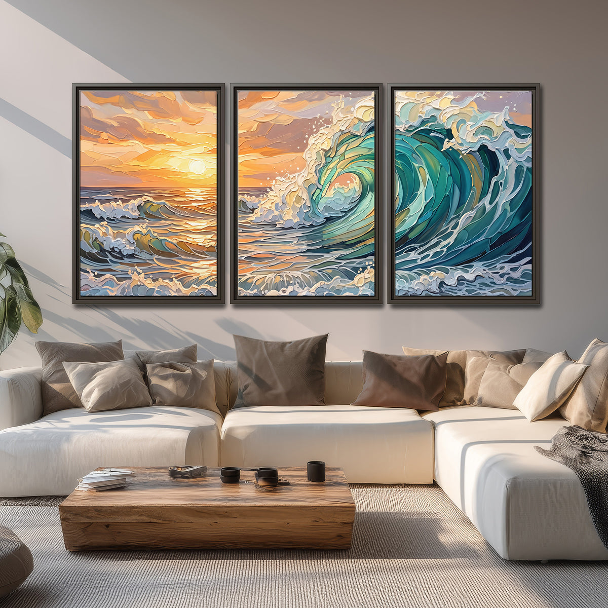 A curling turquoise ocean wave beneath a warm orange sunset 3 piece framed canvas wall art displayed in a living room