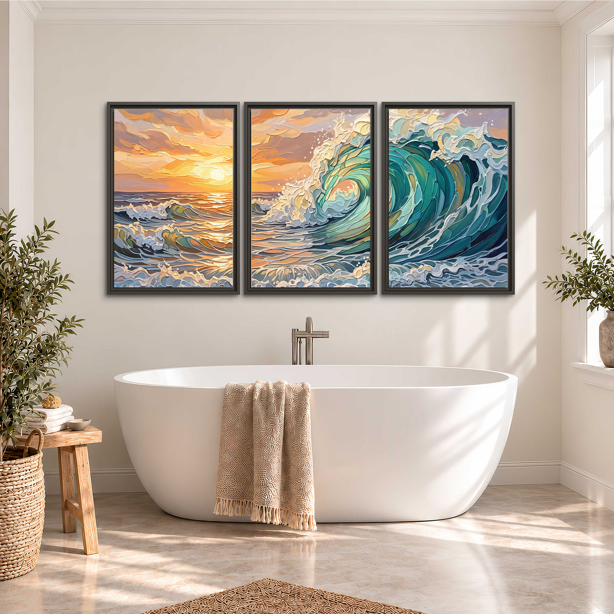 A curling turquoise ocean wave beneath a warm orange sunset 3 piece framed canvas wall art styled in an interior