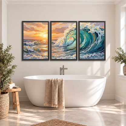 A curling turquoise ocean wave beneath a warm orange sunset 3 piece framed canvas wall art styled in an interior