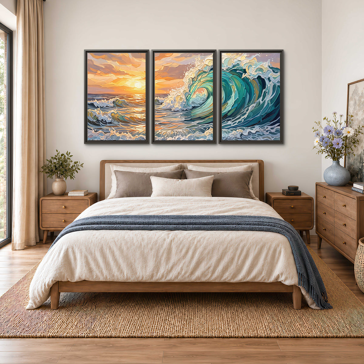 A curling turquoise ocean wave beneath a warm orange sunset 3 piece framed canvas wall art styled in an interior