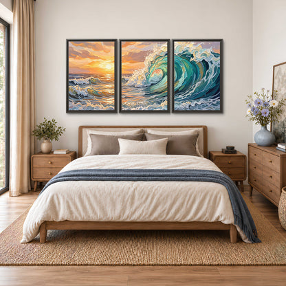 A curling turquoise ocean wave beneath a warm orange sunset 3 piece framed canvas wall art styled in an interior