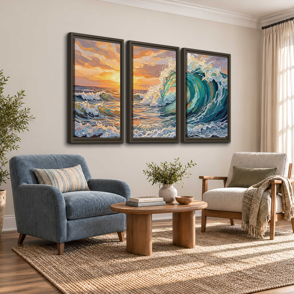 A curling turquoise ocean wave beneath a warm orange sunset 3 piece framed canvas wall art styled in an interior