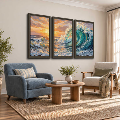 A curling turquoise ocean wave beneath a warm orange sunset 3 piece framed canvas wall art styled in an interior