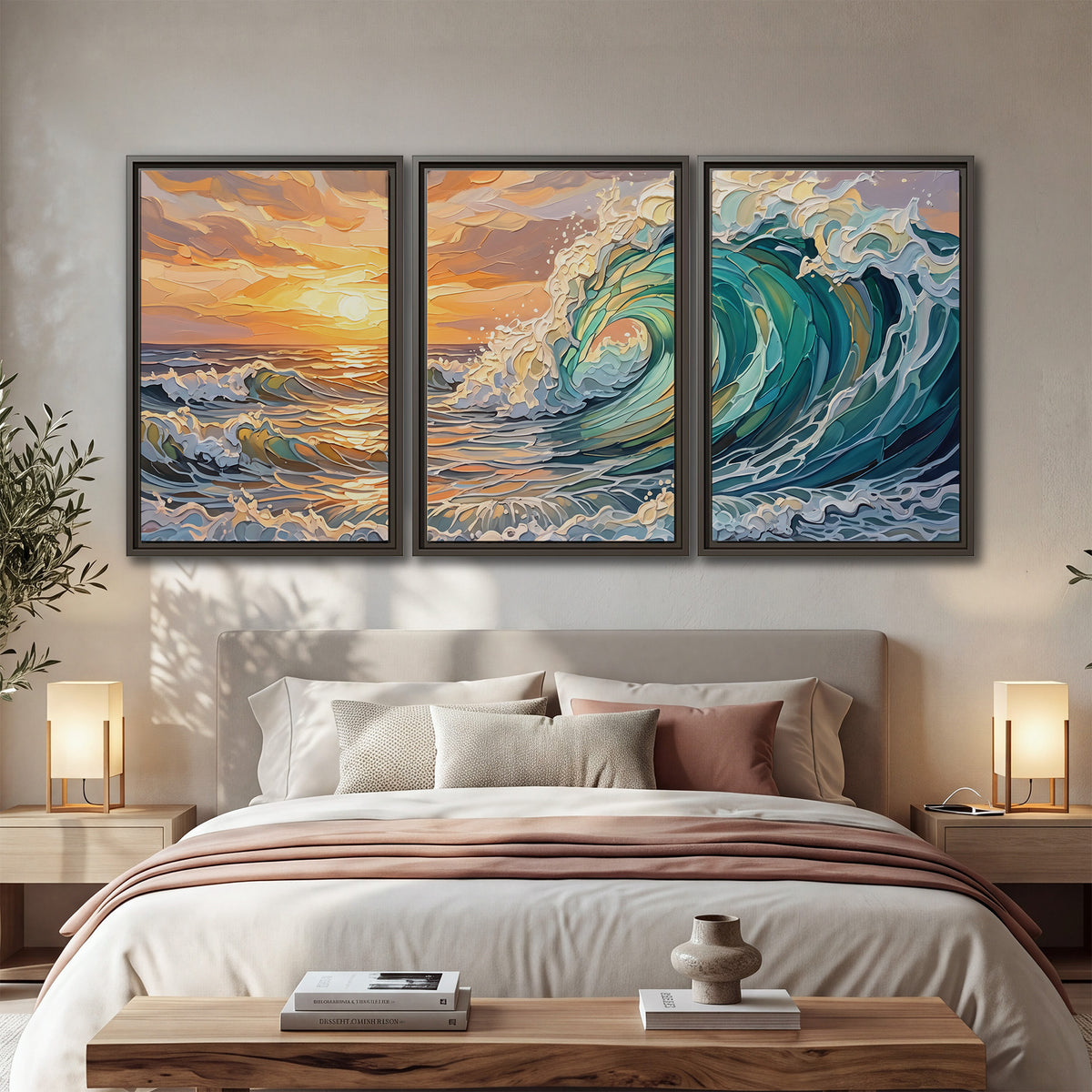 A curling turquoise ocean wave beneath a warm orange sunset 3 piece framed canvas wall art displayed in a bedroom