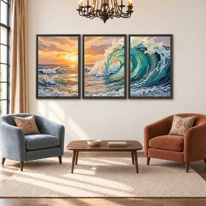 A curling turquoise ocean wave beneath a warm orange sunset 3 piece framed canvas wall art styled in an interior