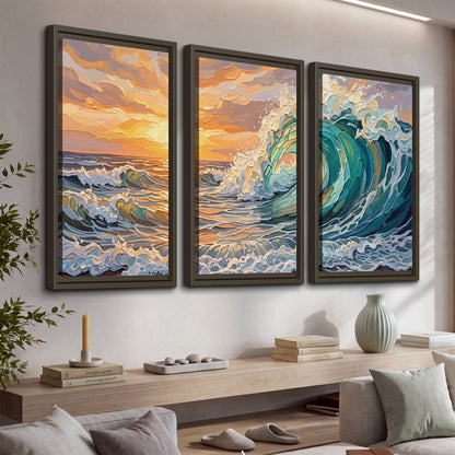 A curling turquoise ocean wave beneath a warm orange sunset 3 piece framed canvas wall art displayed in a console