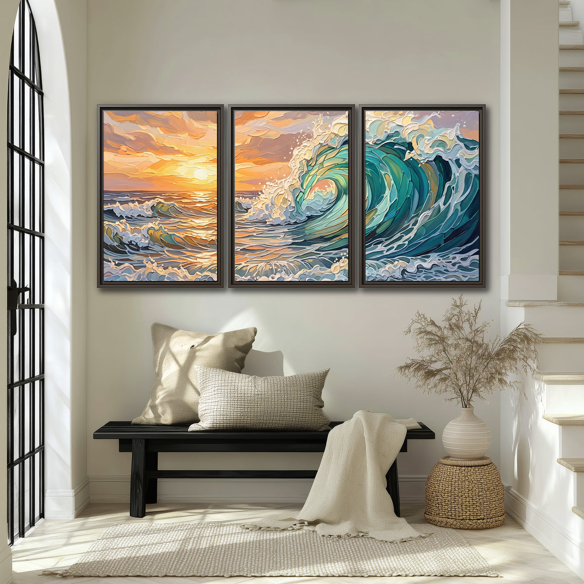 A curling turquoise ocean wave beneath a warm orange sunset 3 piece framed canvas wall art displayed in a entryway