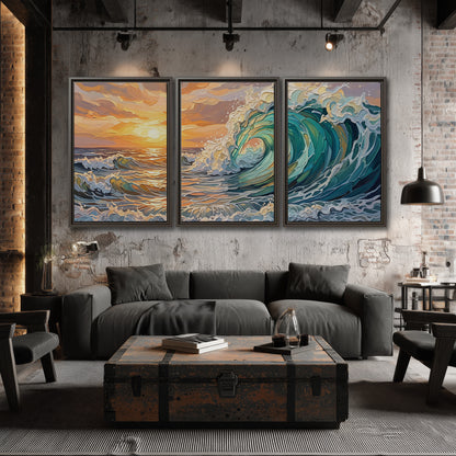 A curling turquoise ocean wave beneath a warm orange sunset 3 piece framed canvas wall art displayed in a industrial room