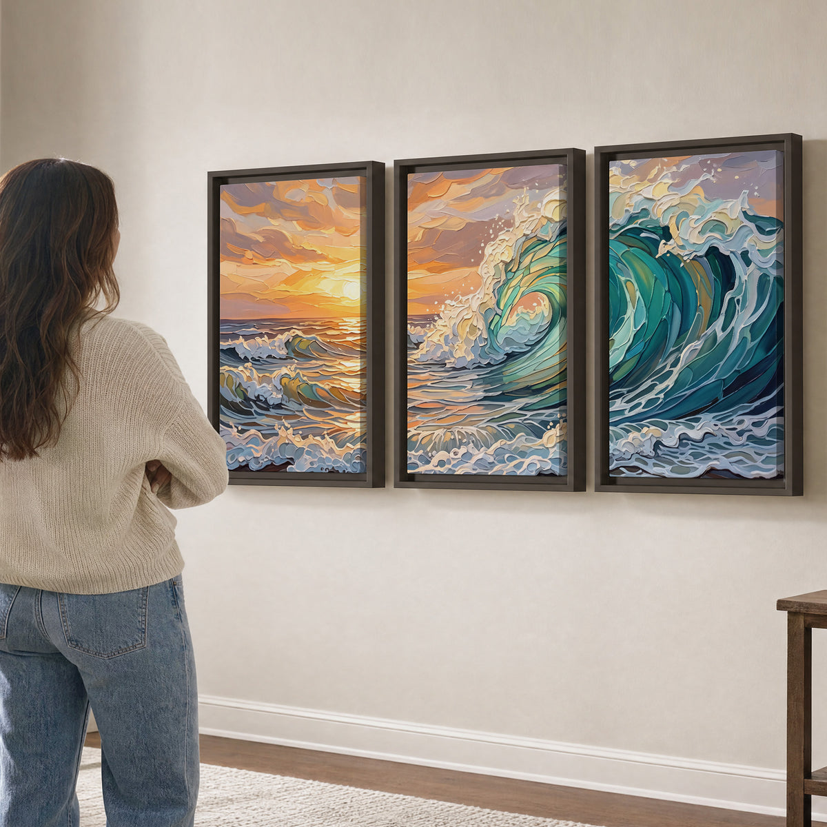A curling turquoise ocean wave beneath a warm orange sunset 3 piece framed canvas wall art three panel arrangement on a wall