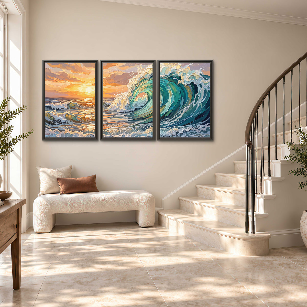 A curling turquoise ocean wave beneath a warm orange sunset 3 piece framed canvas wall art styled in an interior