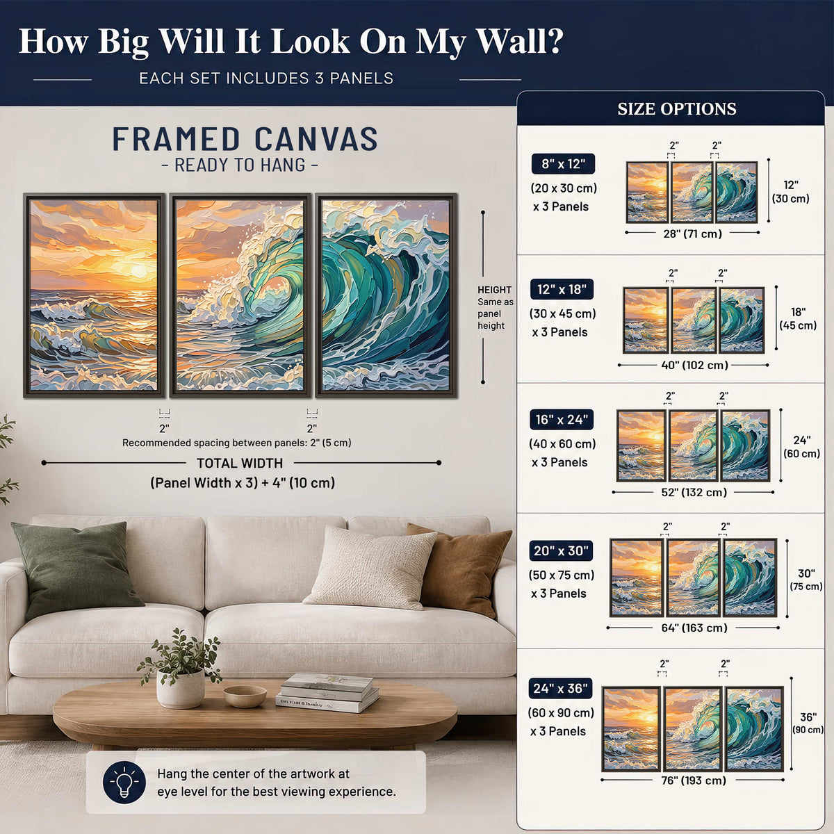 A curling turquoise ocean wave beneath a warm orange sunset 3 piece framed canvas wall art size guide above a sofa; room view is illustrative