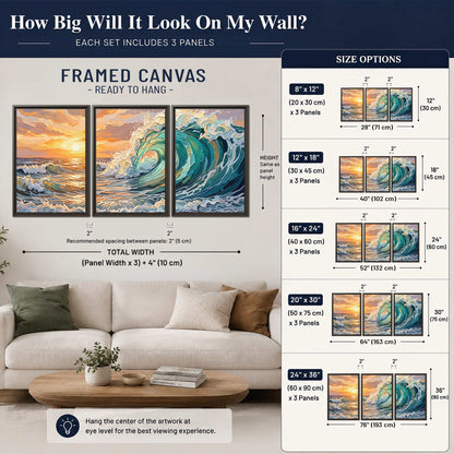 A curling turquoise ocean wave beneath a warm orange sunset 3 piece framed canvas wall art size guide above a sofa; room view is illustrative