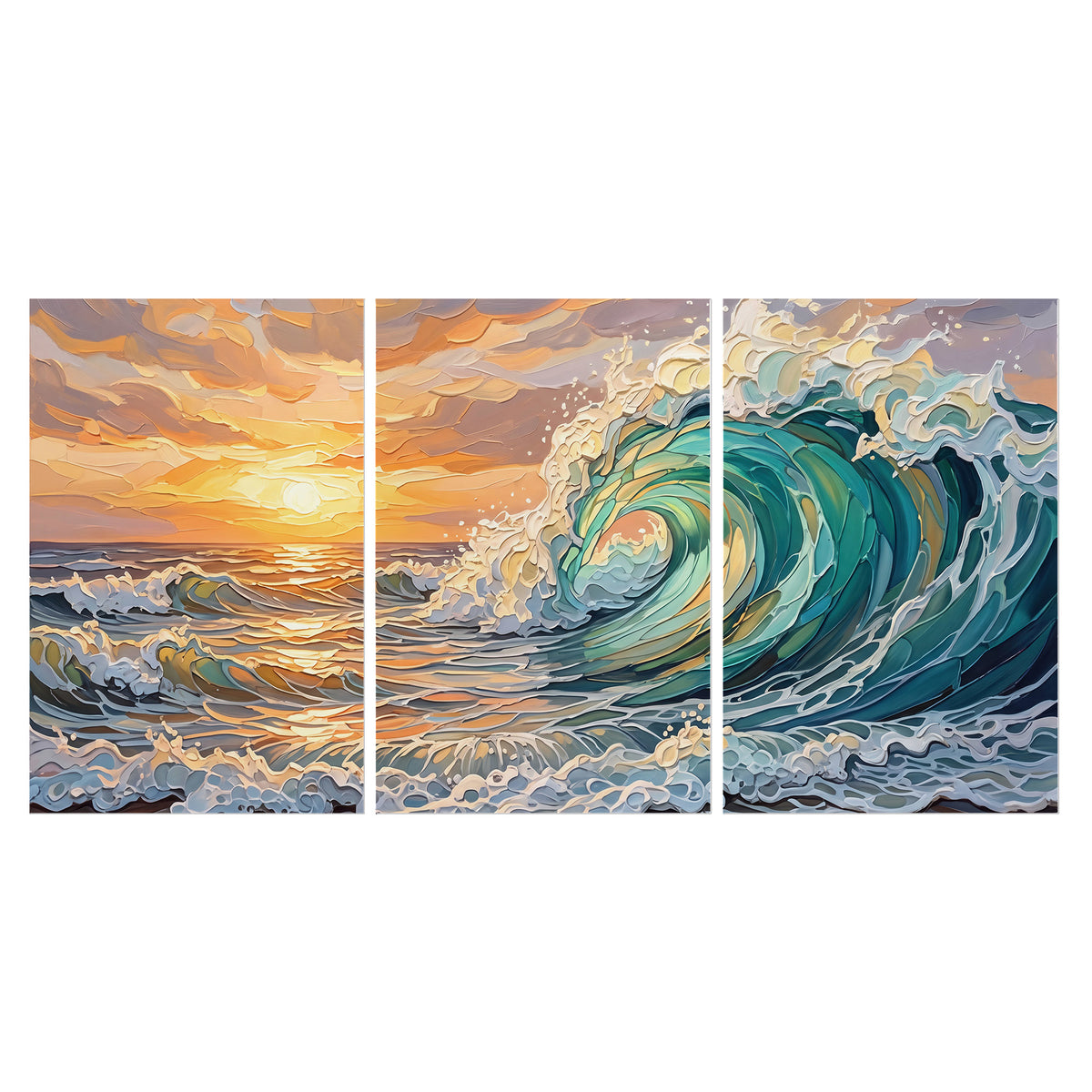 A curling turquoise ocean wave beneath a warm orange sunset set of 3 poster prints viewed straight on