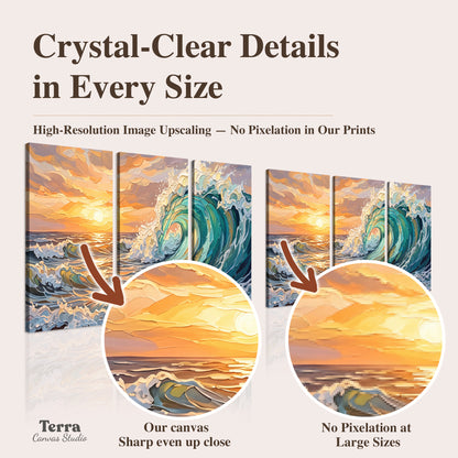 A curling turquoise ocean wave beneath a warm orange sunset artwork quality information