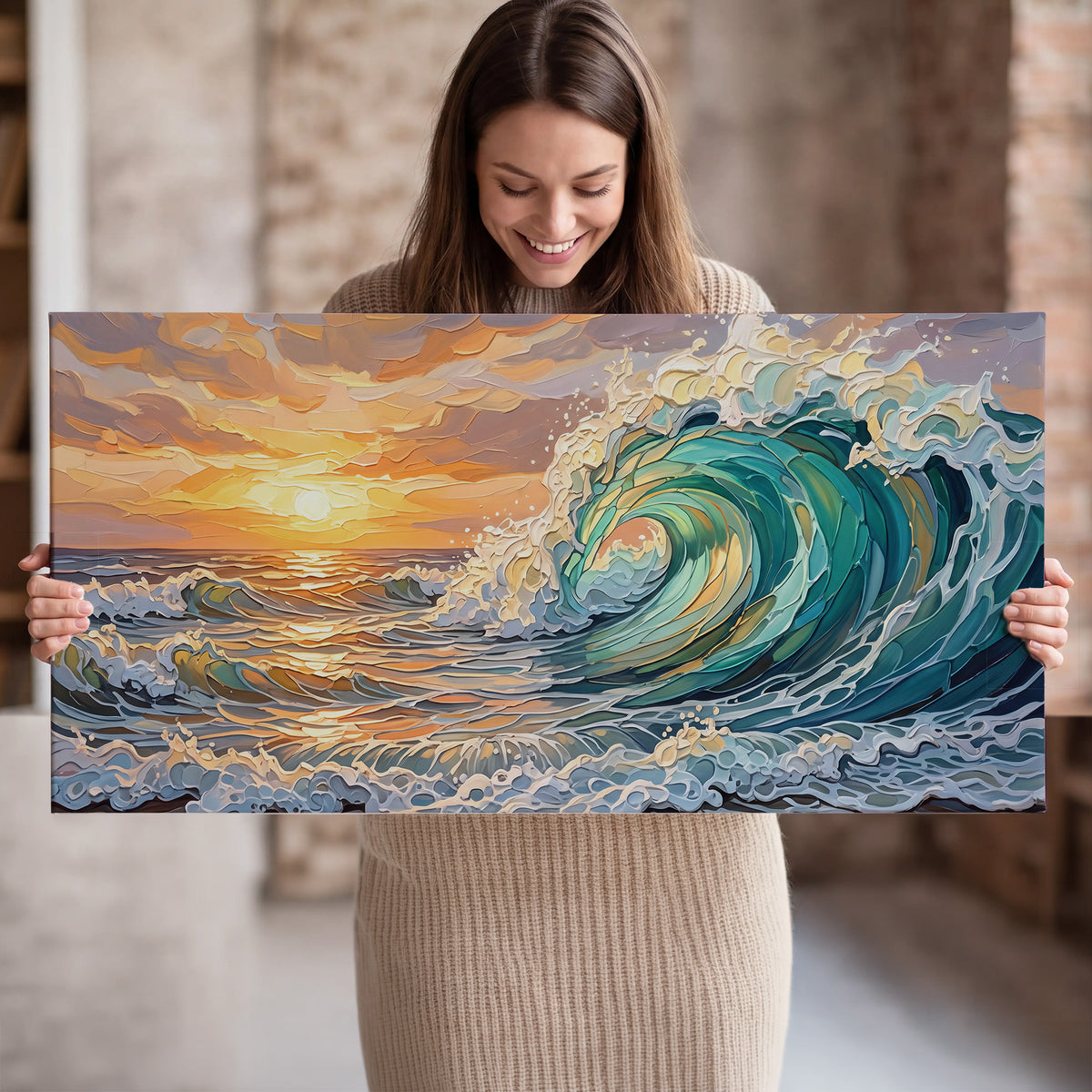 A curling turquoise ocean wave beneath a warm orange sunset single canvas wall art held in hands