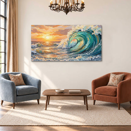 A curling turquoise ocean wave beneath a warm orange sunset single canvas wall art styled in an interior