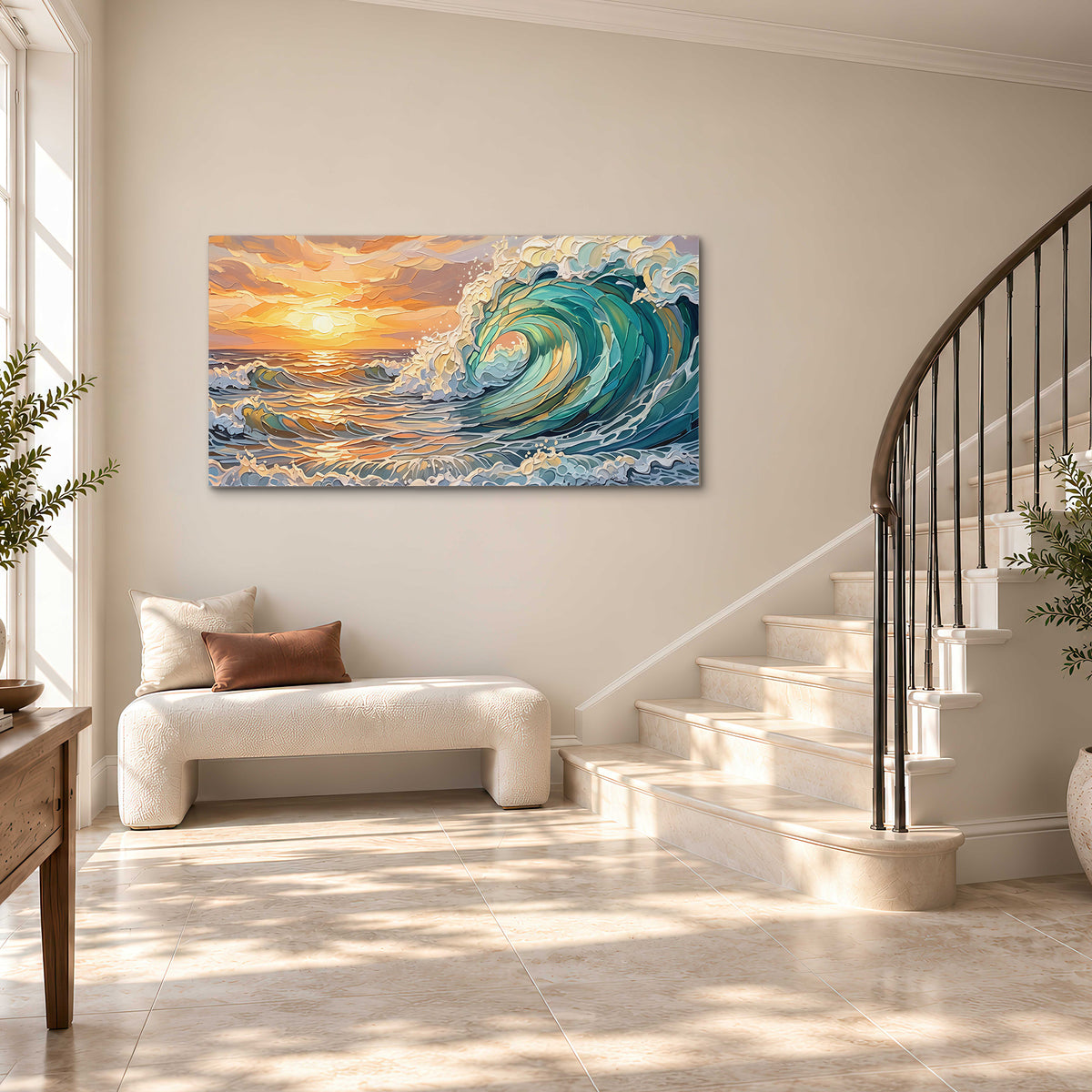 A curling turquoise ocean wave beneath a warm orange sunset single canvas wall art styled in an interior