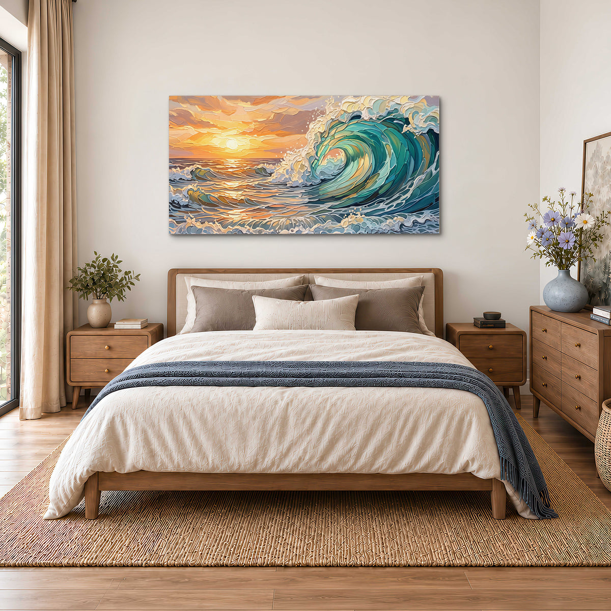 A curling turquoise ocean wave beneath a warm orange sunset single canvas wall art styled in an interior