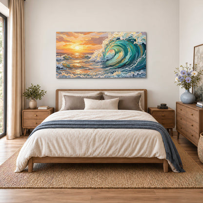 A curling turquoise ocean wave beneath a warm orange sunset single canvas wall art styled in an interior
