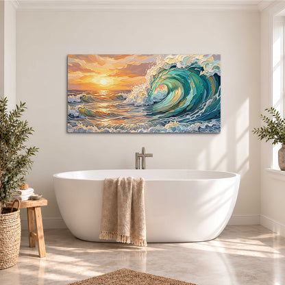 A curling turquoise ocean wave beneath a warm orange sunset single canvas wall art styled in an interior