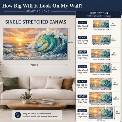 A curling turquoise ocean wave beneath a warm orange sunset single canvas wall art size guide above a sofa; room view is illustrative