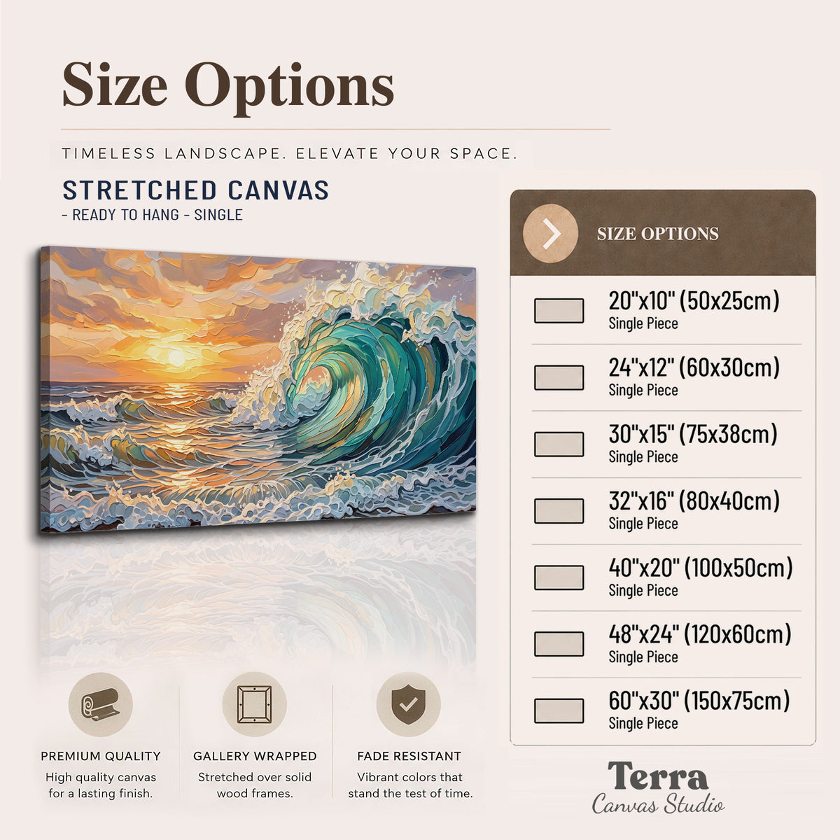 A curling turquoise ocean wave beneath a warm orange sunset single canvas wall art available dimensions