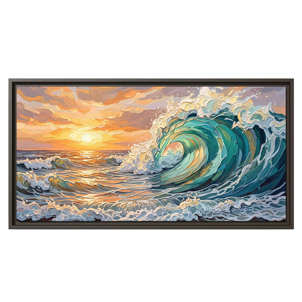 A curling turquoise ocean wave beneath a warm orange sunset single framed canvas wall art viewed straight on