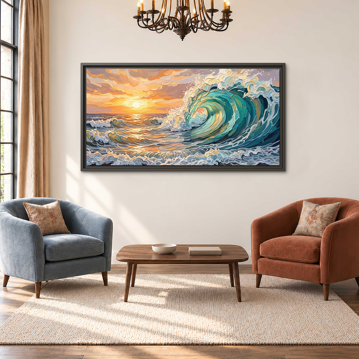 A curling turquoise ocean wave beneath a warm orange sunset single framed canvas wall art styled in an interior