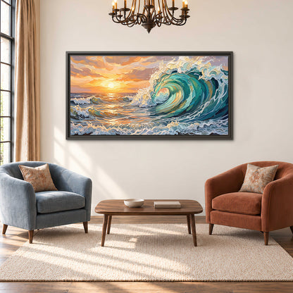 A curling turquoise ocean wave beneath a warm orange sunset single framed canvas wall art styled in an interior