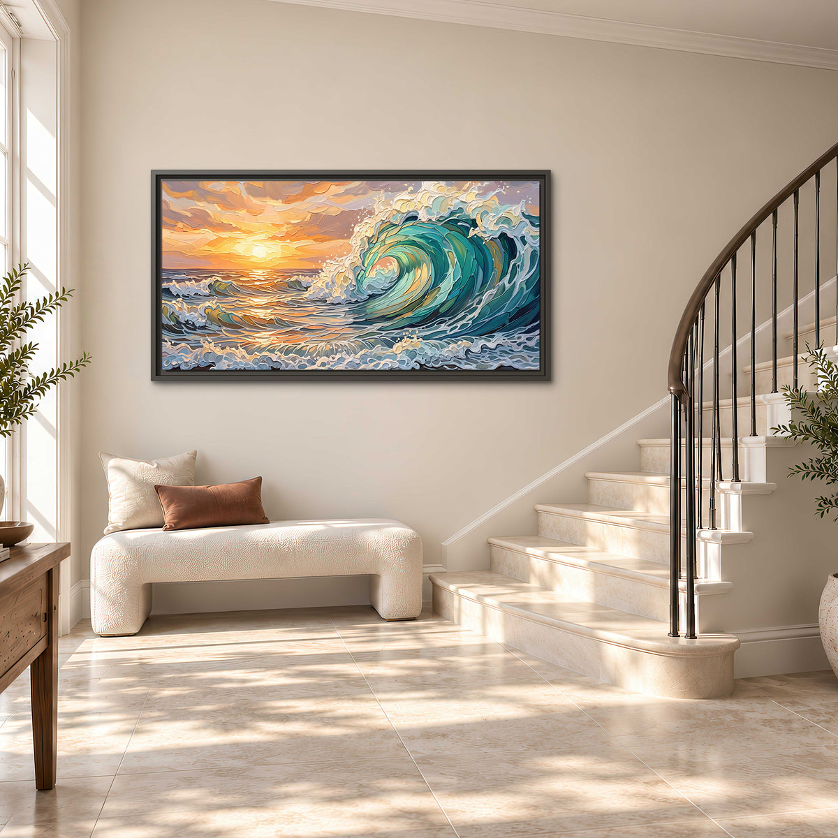A curling turquoise ocean wave beneath a warm orange sunset single framed canvas wall art styled in an interior