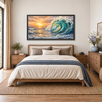 A curling turquoise ocean wave beneath a warm orange sunset single framed canvas wall art styled in an interior
