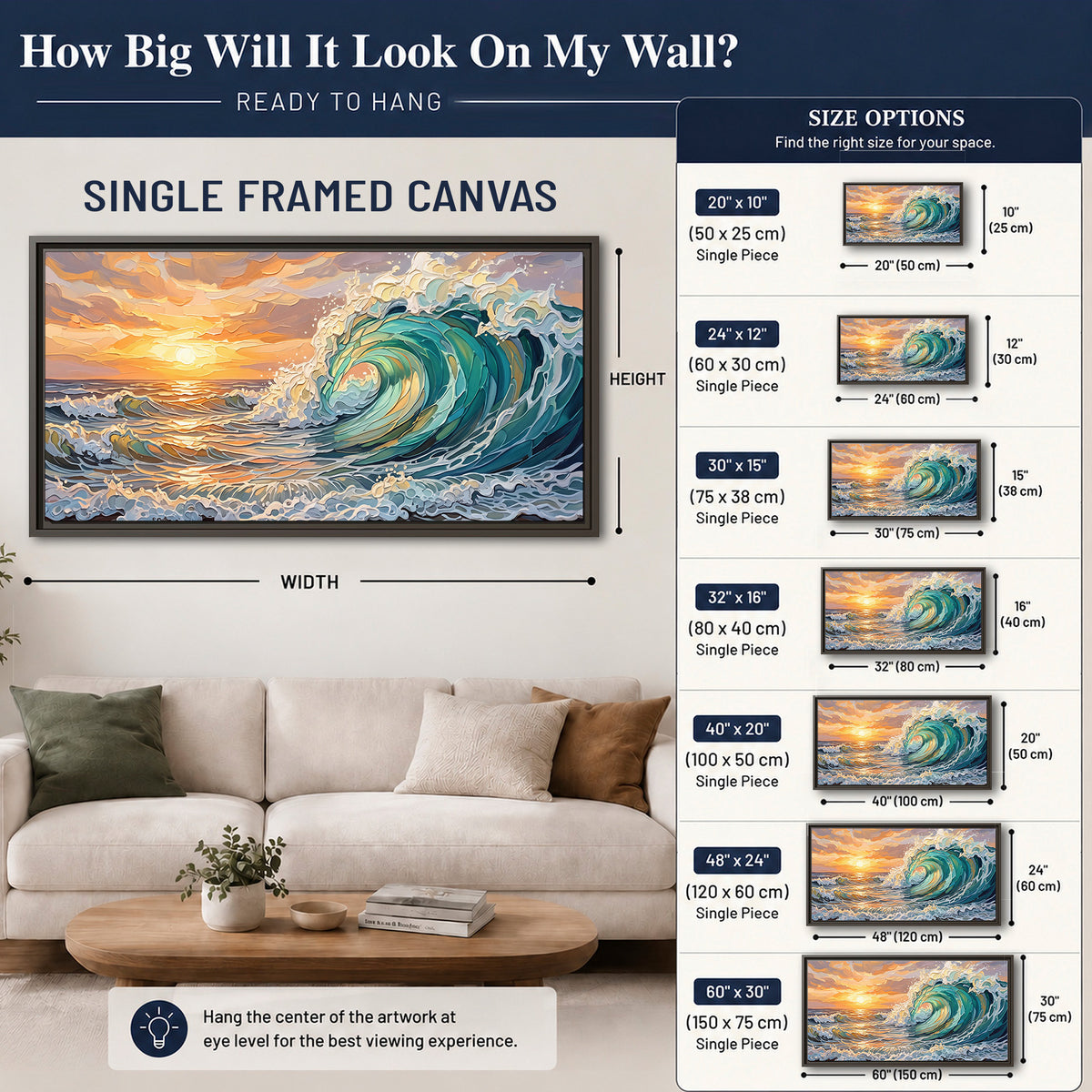 A curling turquoise ocean wave beneath a warm orange sunset single framed canvas wall art size guide above a sofa; room view is illustrative