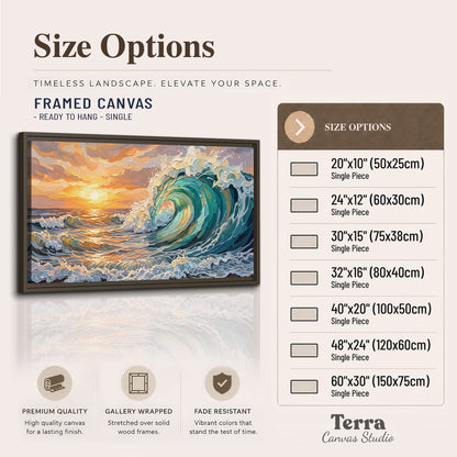A curling turquoise ocean wave beneath a warm orange sunset single framed canvas wall art available dimensions