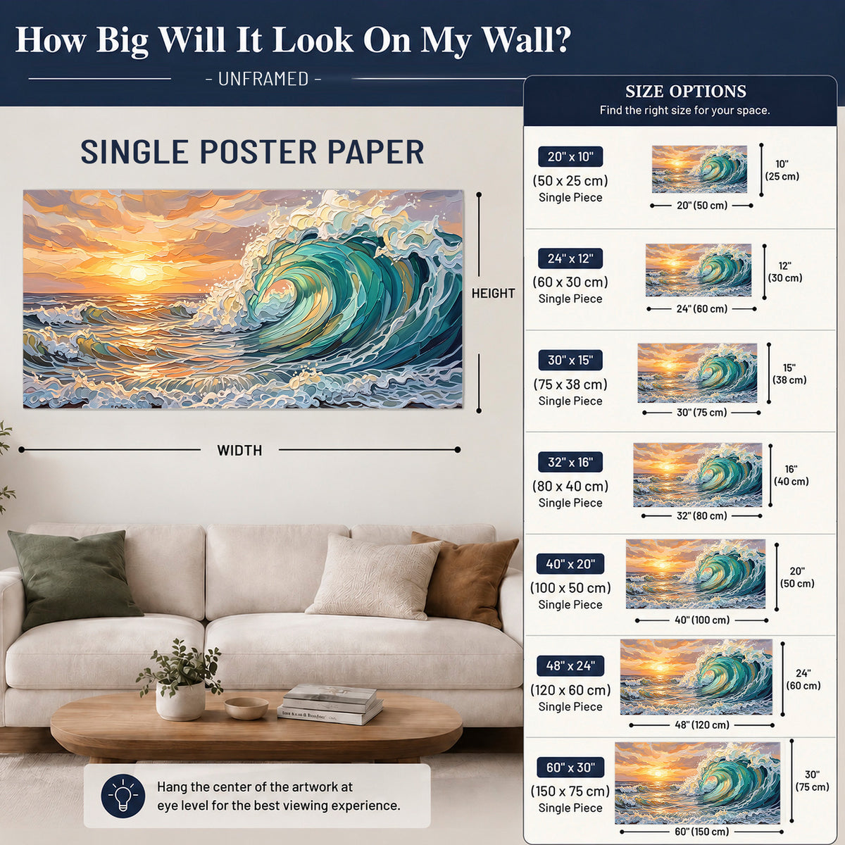 A curling turquoise ocean wave beneath a warm orange sunset single poster print size guide above a sofa; room view is illustrative