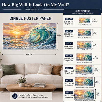 A curling turquoise ocean wave beneath a warm orange sunset single poster print size guide above a sofa; room view is illustrative