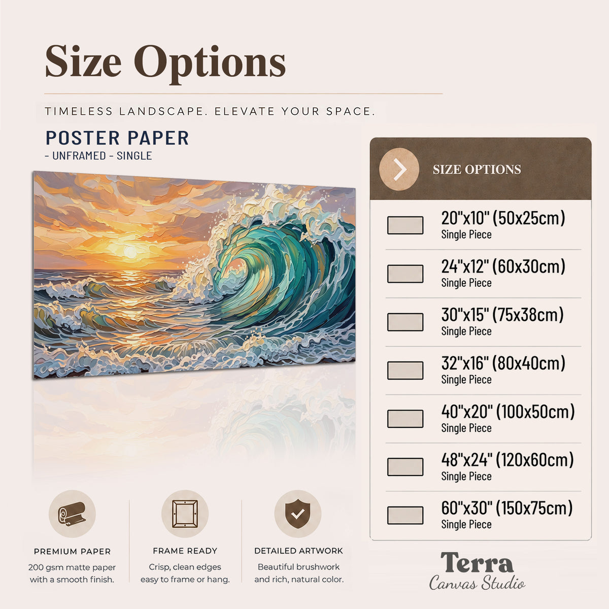 A curling turquoise ocean wave beneath a warm orange sunset single poster print available dimensions
