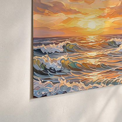 A curling turquoise ocean wave beneath a warm orange sunset set of 3 poster prints material and edge close up